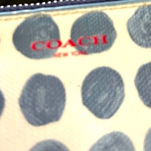 Coach white $ blue polkadots, treated canvas, zipper closure, blue, leather trim